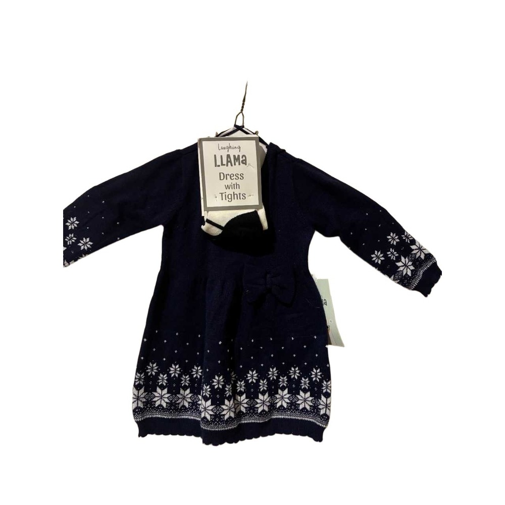 Laughing Llama Baby Girls Navy Snowflake Sweater Dress and Tights Set 6M NWT